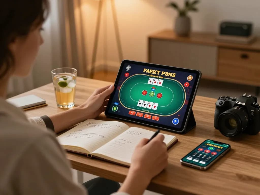 Person engaging in strategic bk8 online poker gameplay at home with tablet and notes.