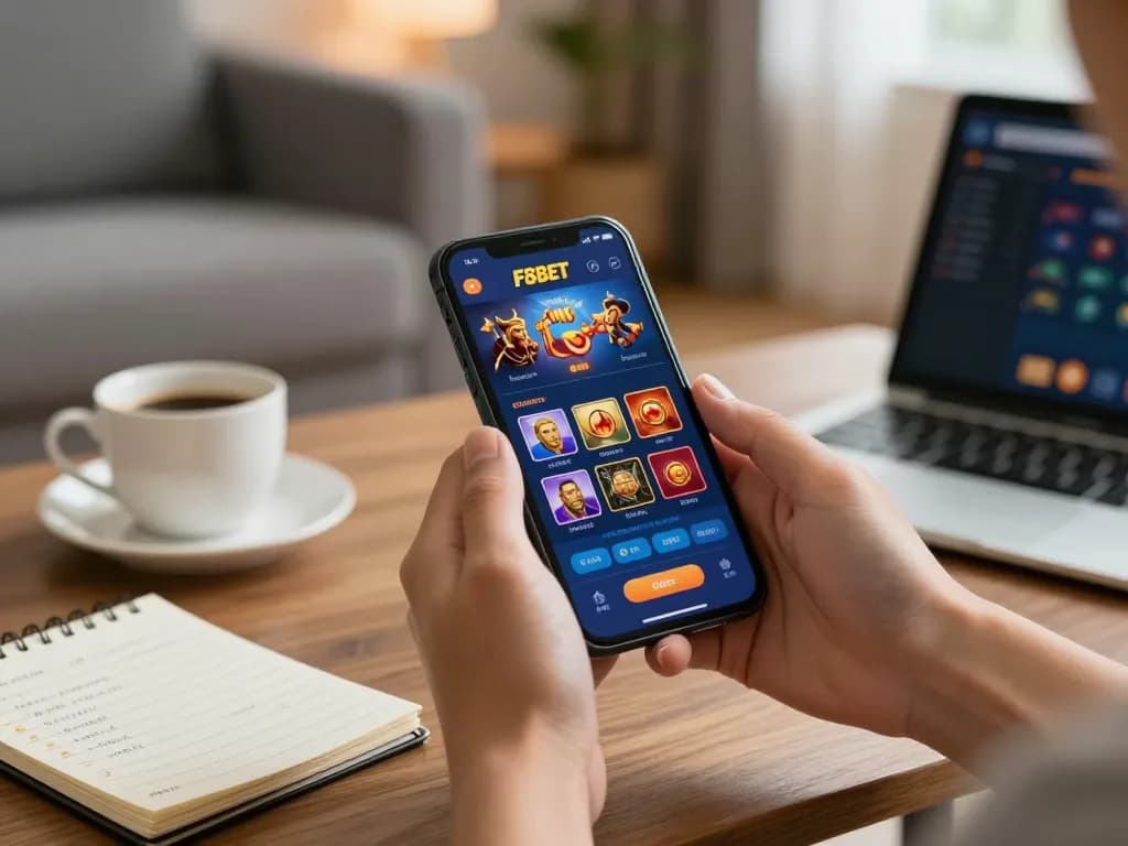 Engaging gameplay on F8BET mobile app, illustrating betting strategy in a cozy home environment.