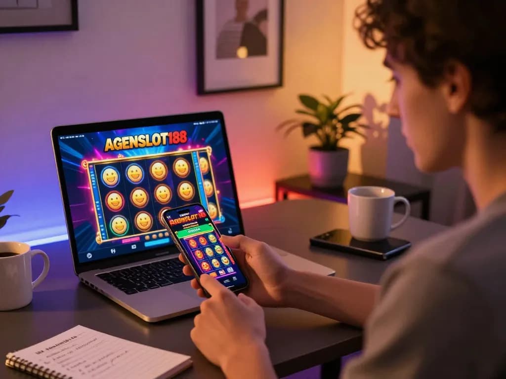 Engage with gincal by playing slots on a smartphone in a cozy, modern home office.