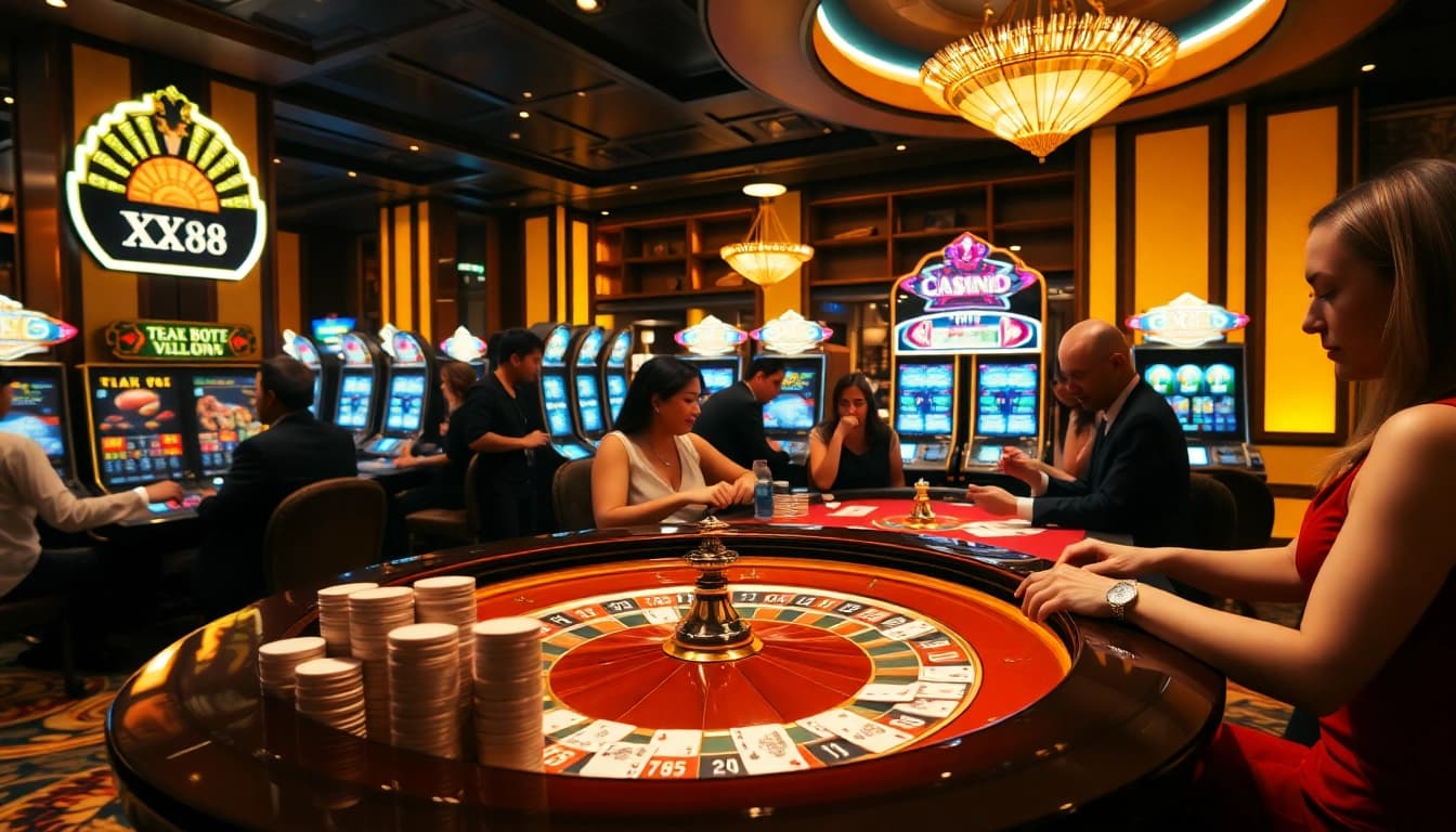 Engage in high-stakes gaming at XX 88's luxurious casino featuring roulette and slot machines.