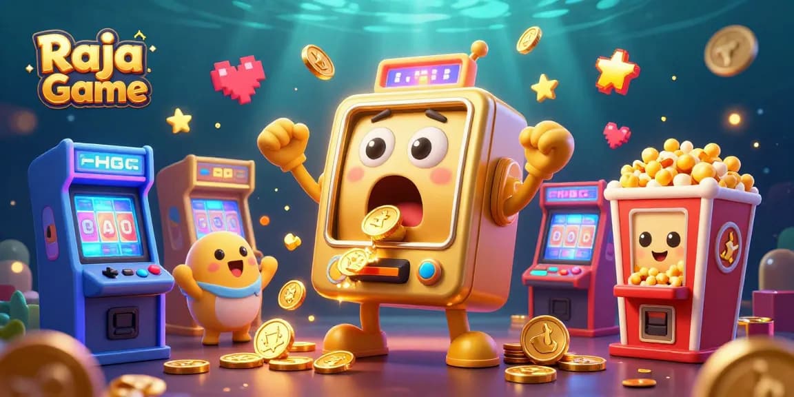 Experience the excitement of Raja Game with a golden slot machine celebrating its jackpot amidst a vibrant gaming scene.