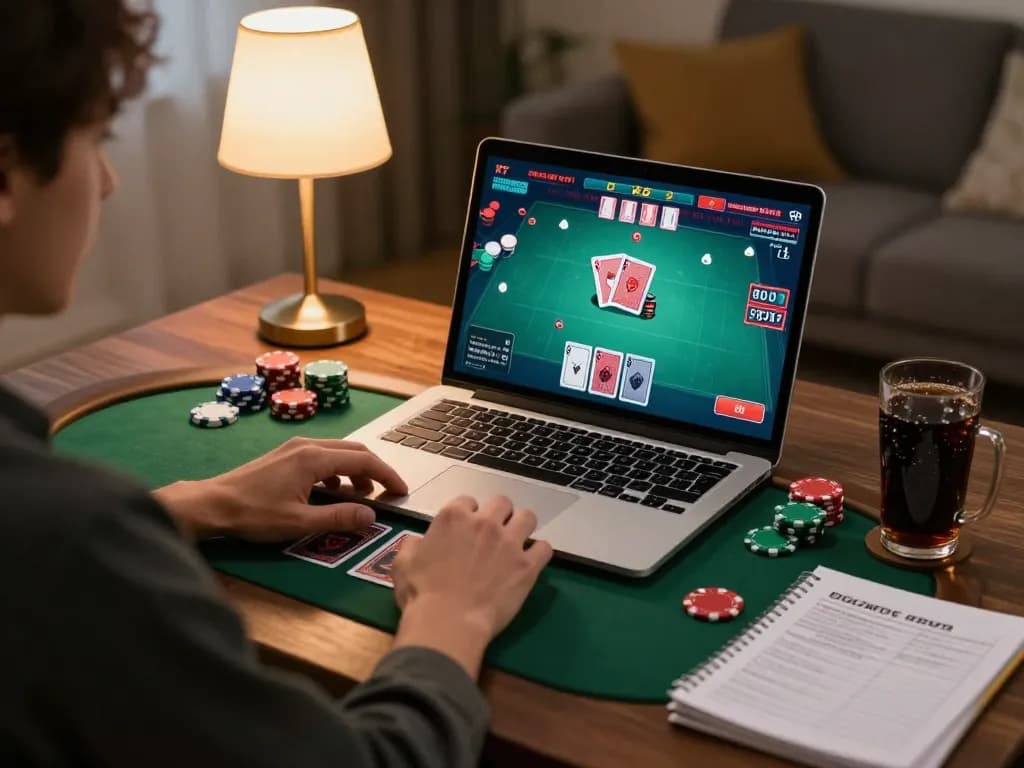 Engaged player using CM88 for online poker gaming, showcasing realistic gameplay atmosphere