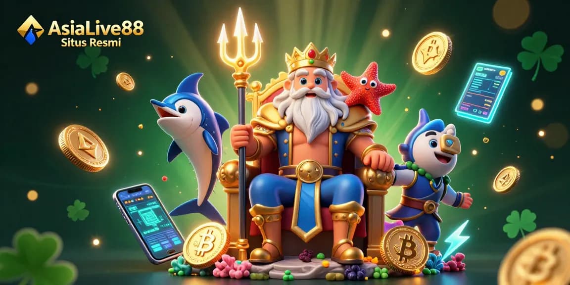 Enjoy thrilling gameplay at AsiaLive88 Situs Resmi with Neptune surrounded by crypto coins and vibrant casino elements.
