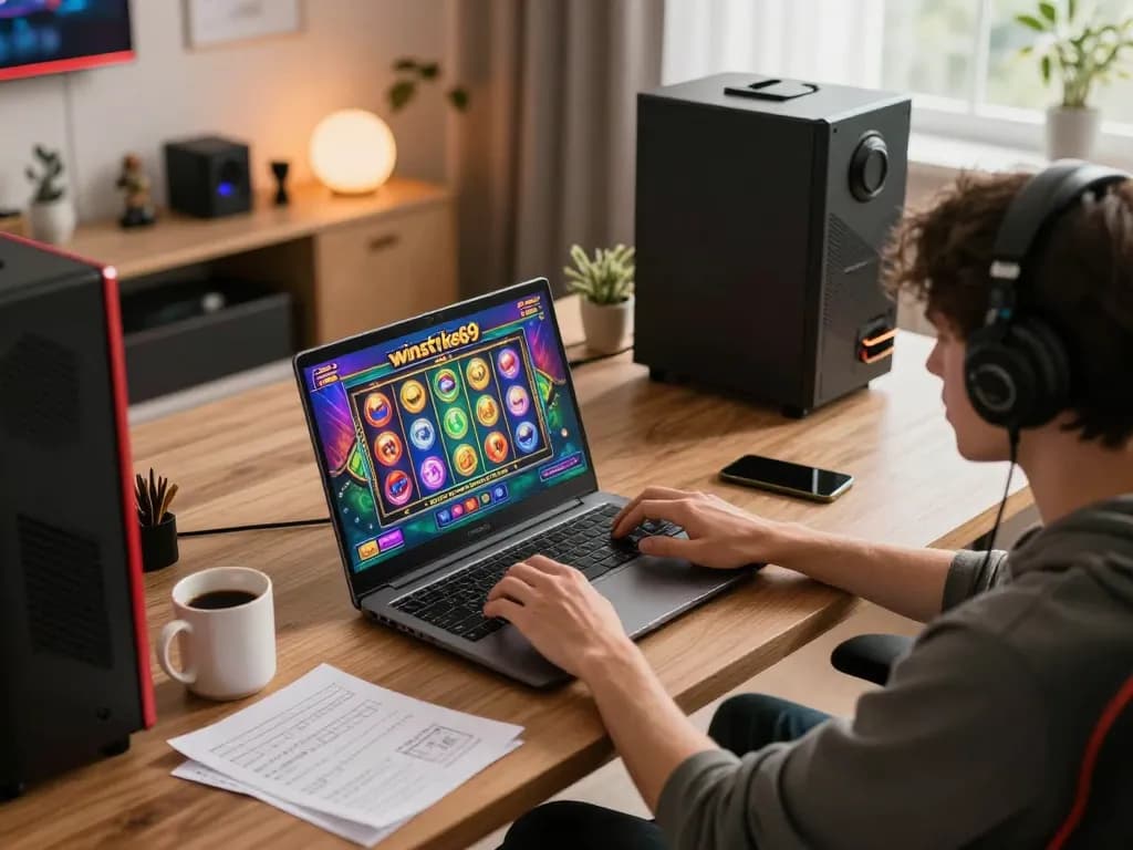 Engaging gameplay on winstrike69, showcasing a player immersed in an exciting slot game on their laptop.