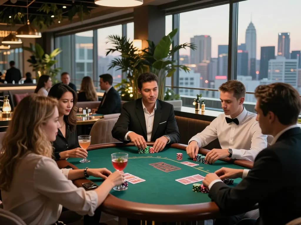 Guests engaged in a thrilling poker game at a fabet casino rooftop bar with skyline views.
