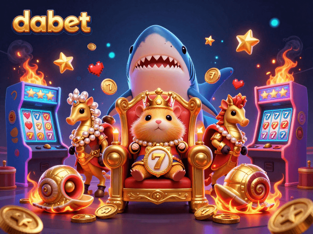 Dabet invites you to spin slots with a golden hamster king in an exciting casino scene.