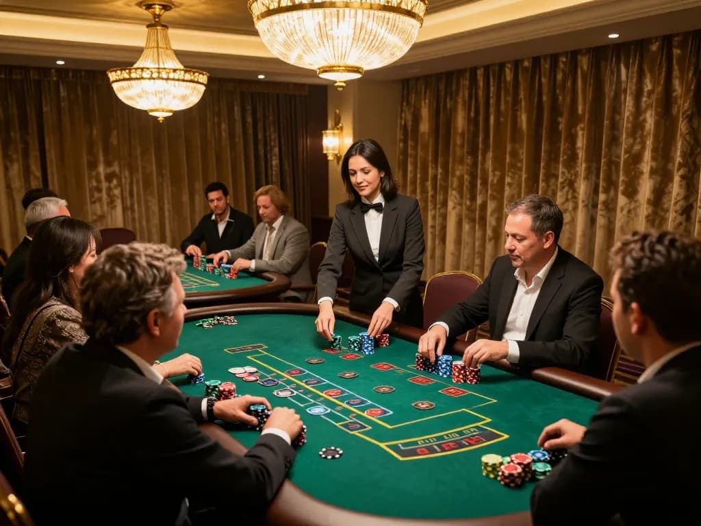 Players at a tip88 blackjack table strategizing their bets in an upscale casino.
