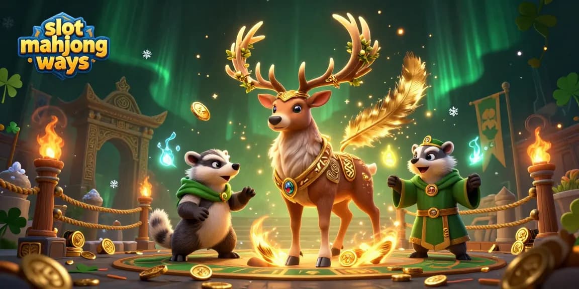 Engage with slot mahjong ways in a vibrant casino-themed 3D illustration of a druid and badger.