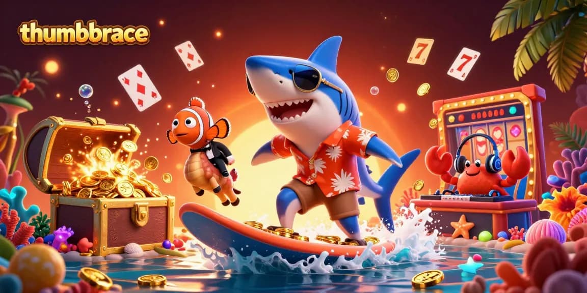 Engage with the thrilling thumbbrace action as a shark surfs gold coins amidst vibrant casino elements.