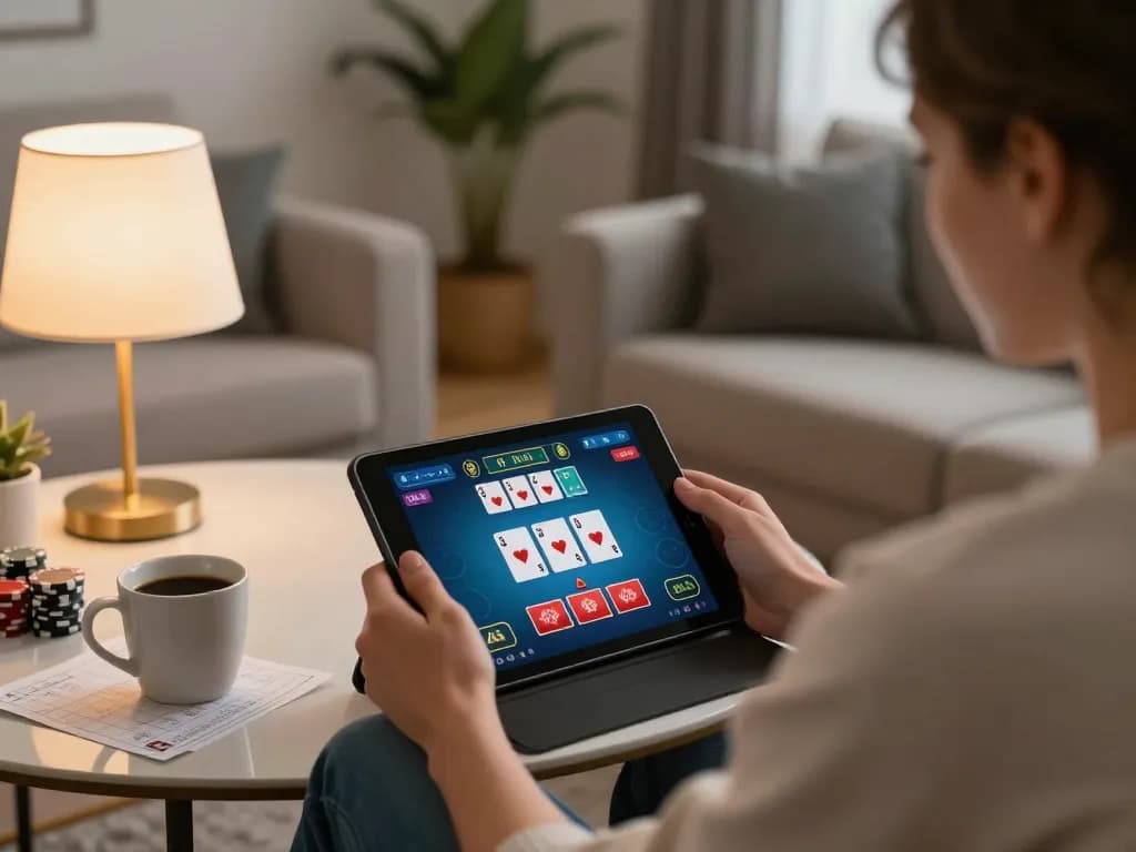 Engaging in online poker from home with TOP nhà cái uy tín app on tablet and strategic notes.