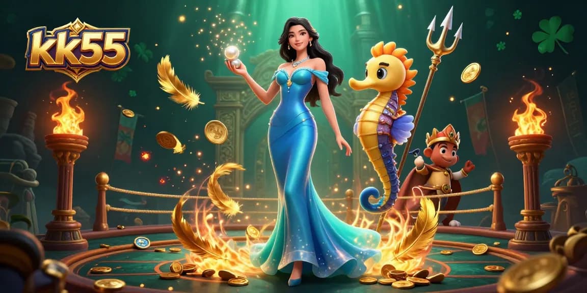 Engage in thrilling gameplay at kk55 with a stunning 3D scene featuring a mythical woman and seahorse king.