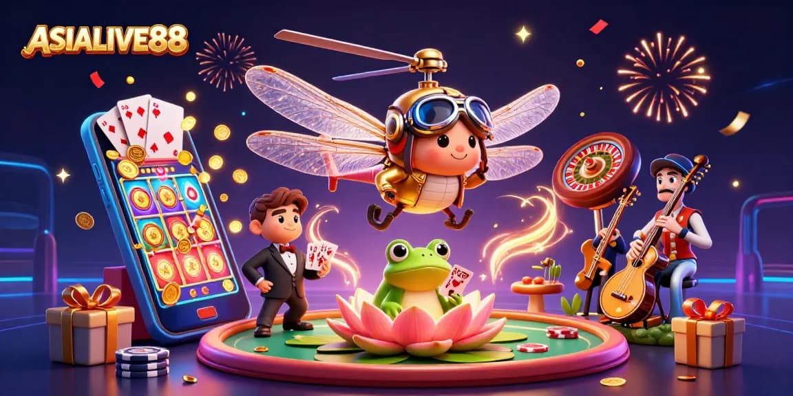 Experience the thrill of ASIALIVE88 with immersive casino action and game elements in a vibrant 3D illustration.