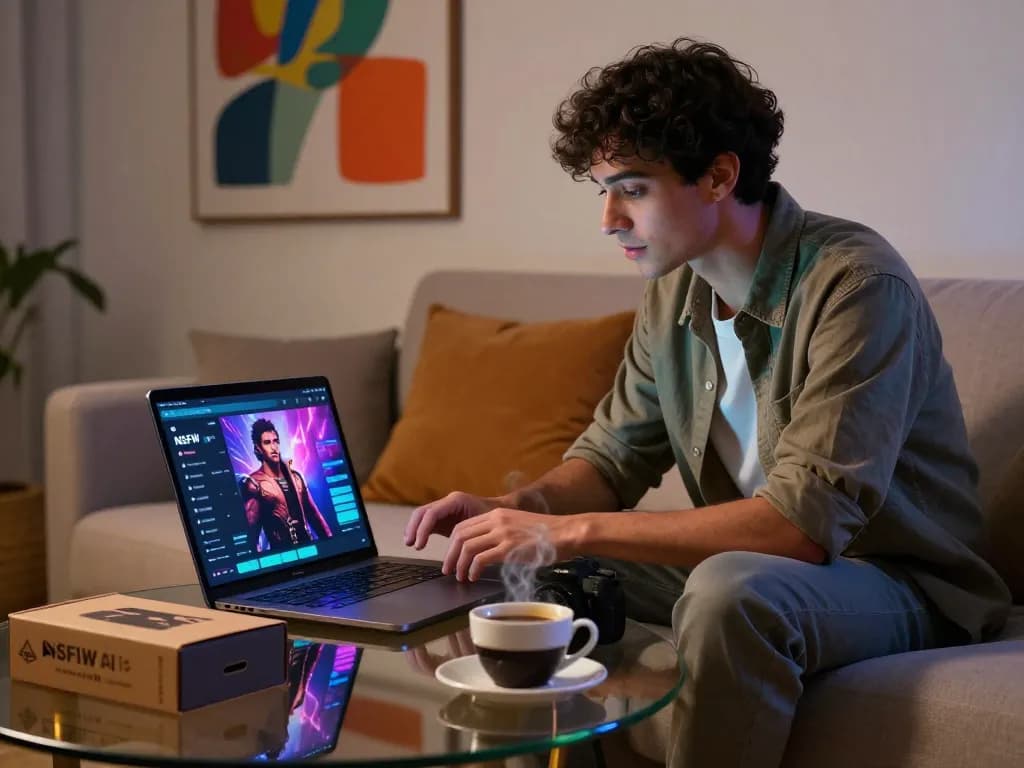 A young adult interacting with an NSFW AI character on a sleek laptop in a cozy modern living room.
