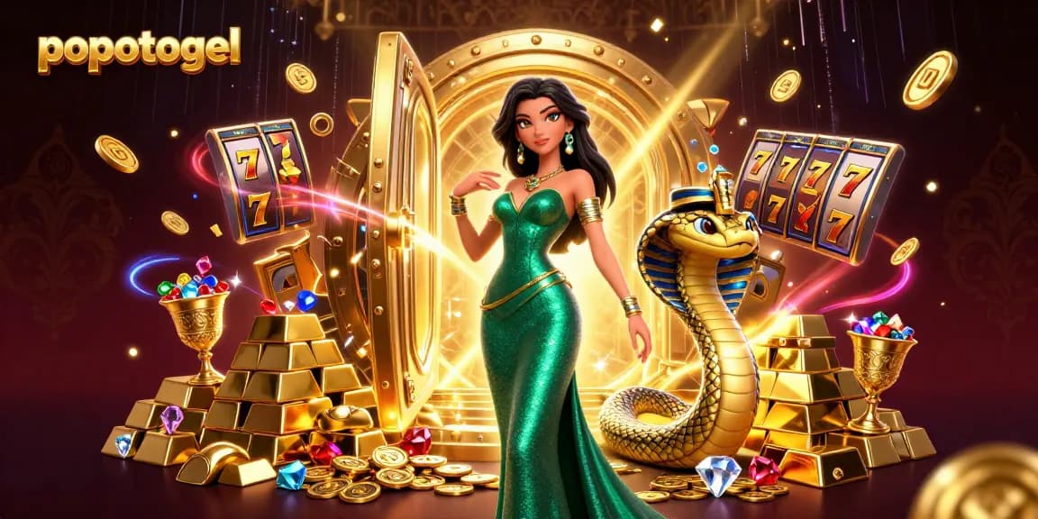 Win at popotogel with a stunning 3D casino scene featuring luxury treasure and slot elements.
