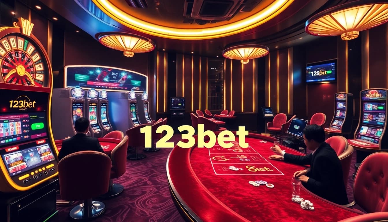 Experience the thrill of betting with 123bet at an upscale casino with vibrant tables and exciting games.