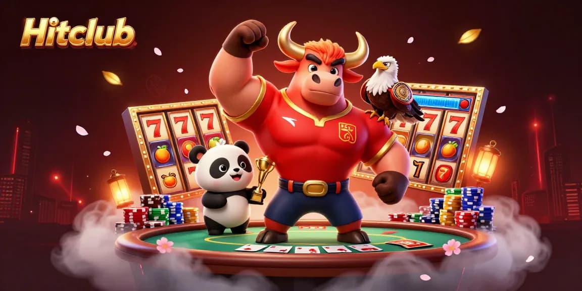 Hitclub showcases vibrant casino action with a bull mascot and gaming elements in a dynamic scene.