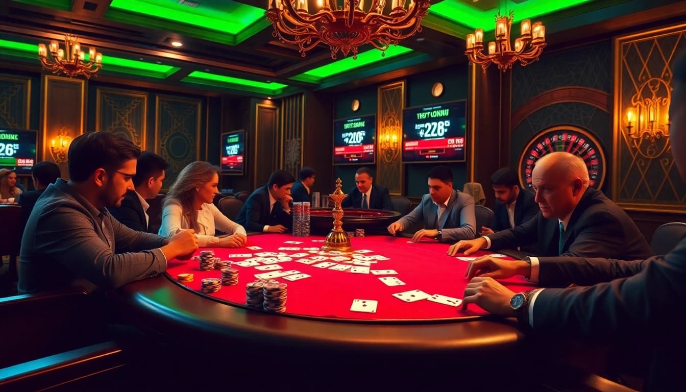 Intense poker action at a casino table with https://one88qq.com bonuses in an exciting atmosphere.