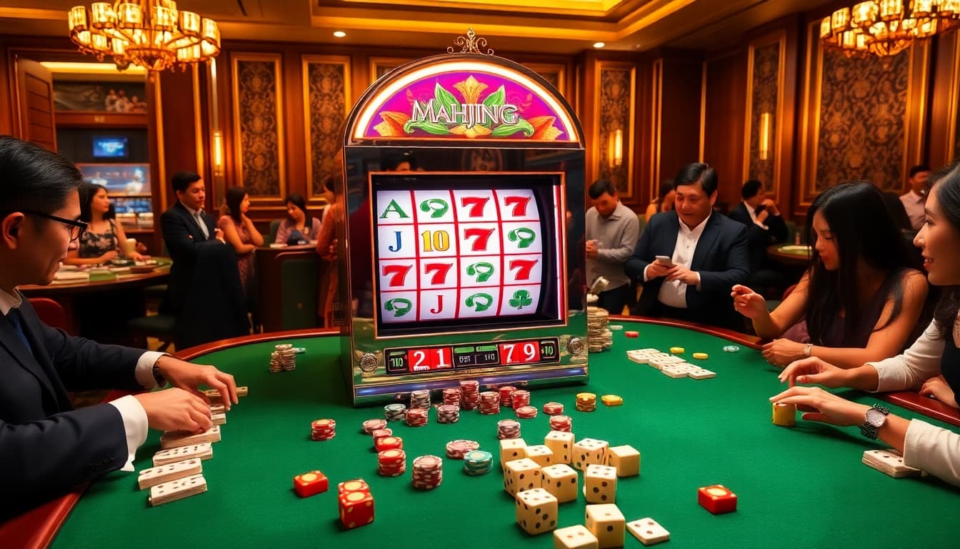 Engage with Slot Mahjong at an exciting casino scene full of poker chips and modern decor.