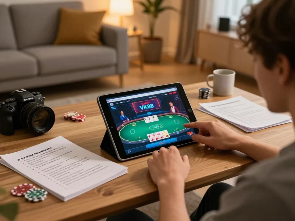 Engaging in VK88 poker strategies at home with interactive tablet gaming and strategic notes.