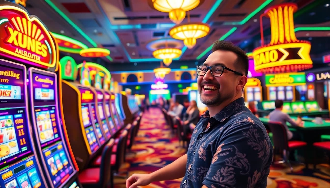 Menampilkan pemain senang dengan mesin slot xgslot88 di kasino yang ramai.