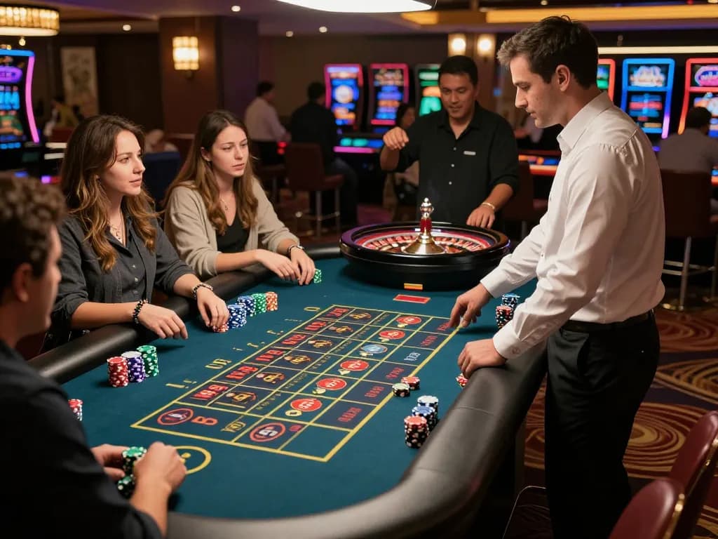 Players placing bets at Planet88 roulette table, excitement and vibrant casino atmosphere