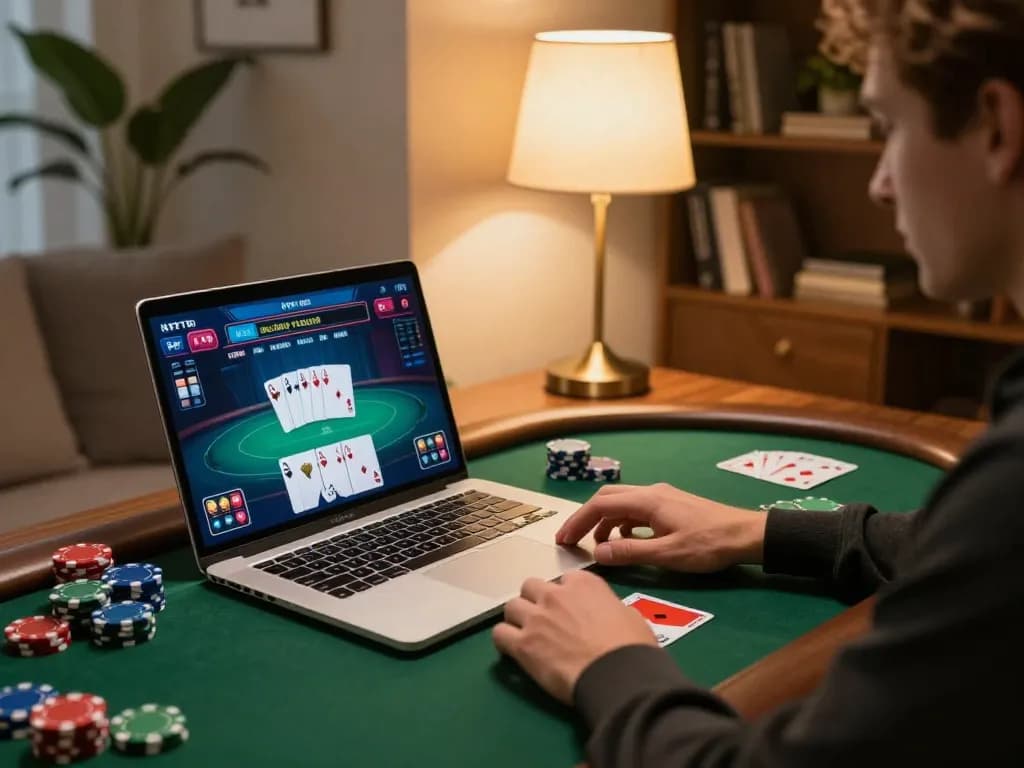 Playing online poker on laptop at home to enhance megaplus88 gaming strategies.