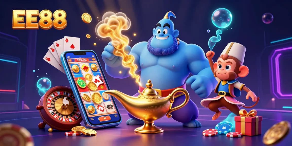 Spin the reels of fun and excitement at EE88 with a genie, poker chips, and magical casino elements.
