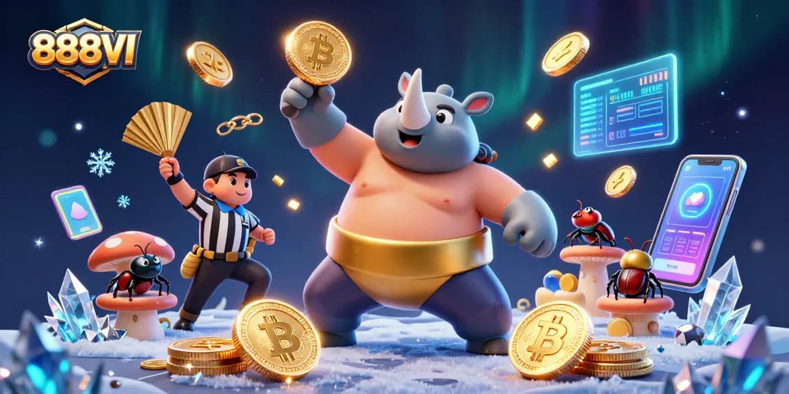 Experience thrilling gameplay with 888VI featuring a sumo beetle champion amid flying coins and vibrant crypto elements.