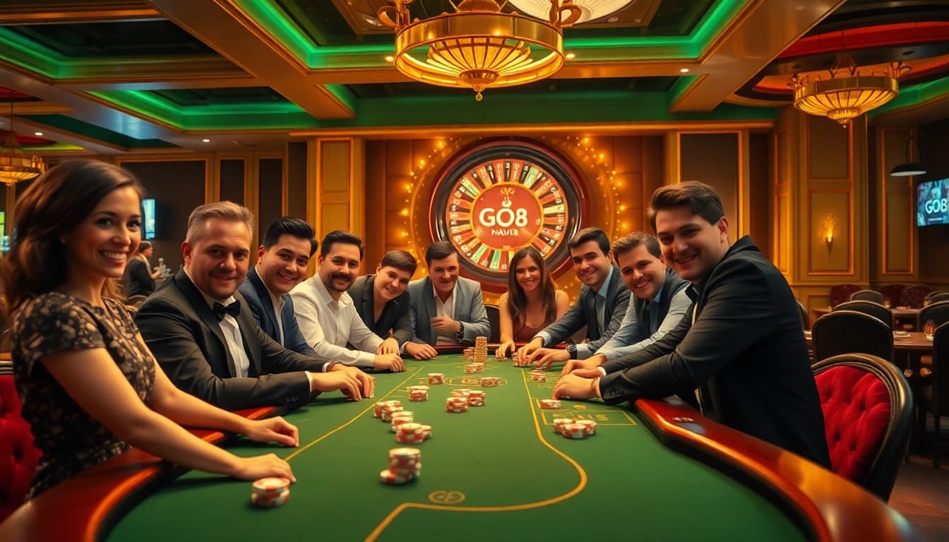 Gamblers engage at a GO8 poker table, surrounded by luxurious casino elements, showcasing excitement.