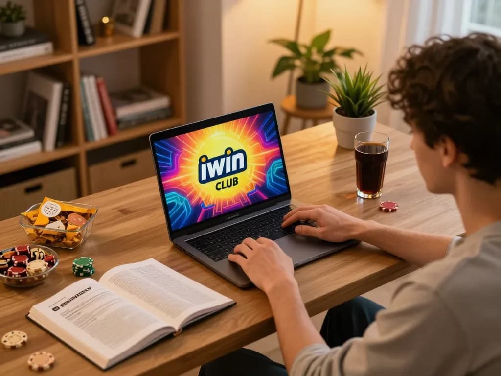 Engaged player at their iwin club online poker game, showcasing strategic thinking in a cozy home setting.