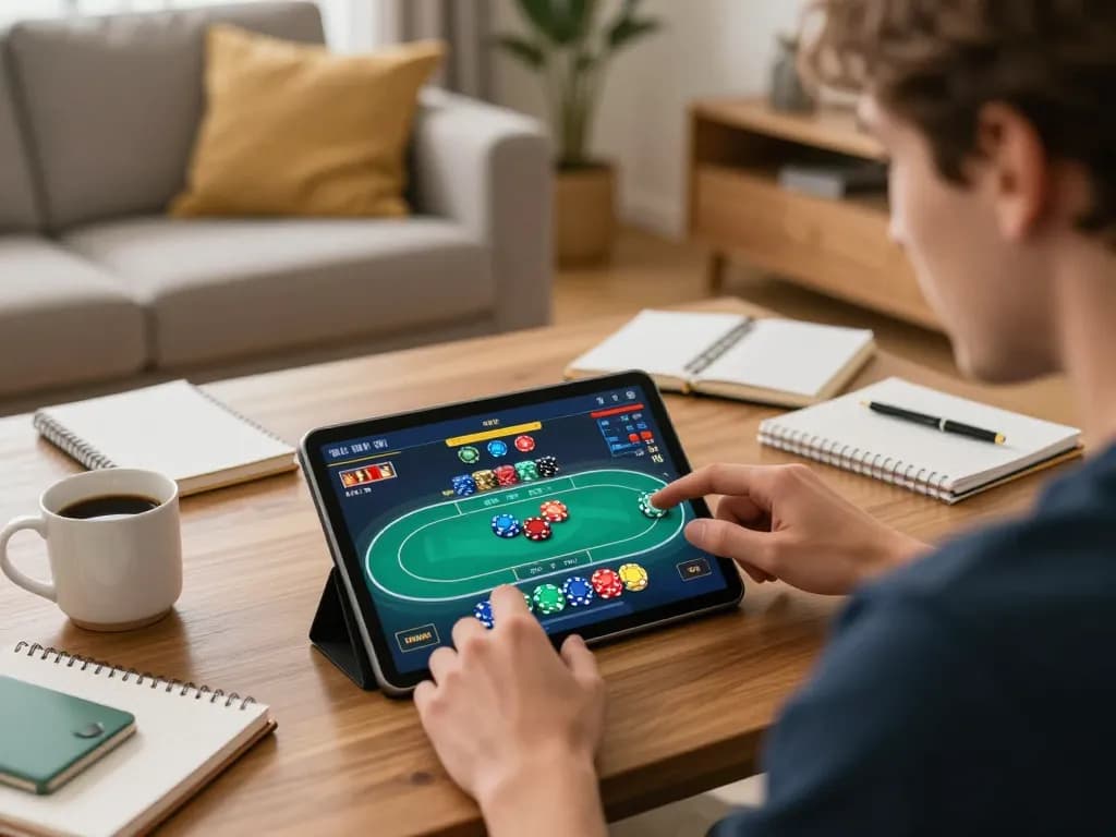 Player enjoying hitclub poker game on tablet in cozy living room, showcasing strategic engagement