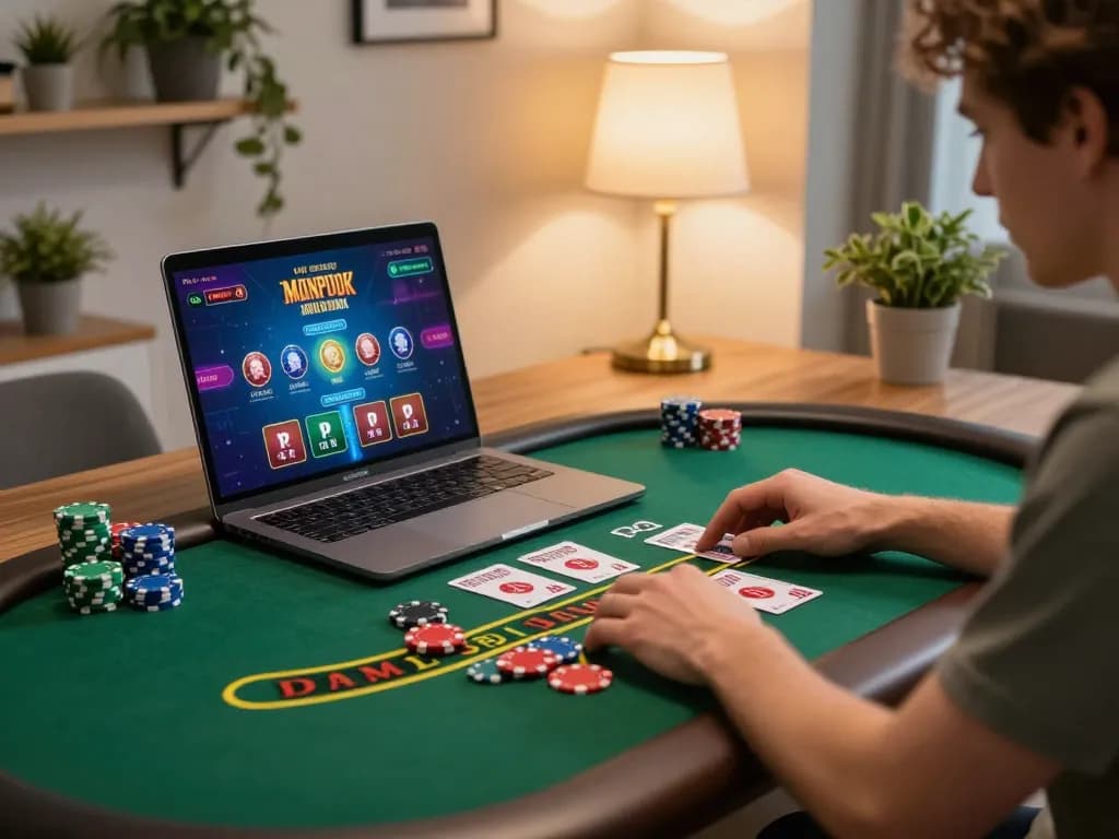 Player enjoying blackjack on cm88's online casino platform, showcasing vibrant game interface and cozy home setting.