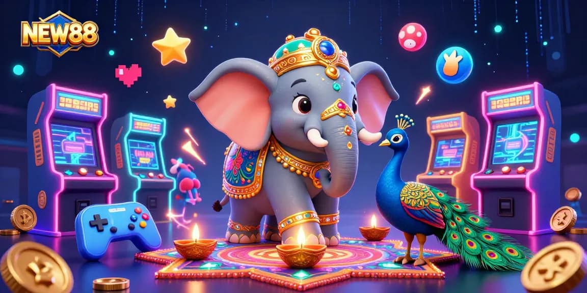 Jubilantly engage with NEW88's dynamic online casino atmosphere, featuring vibrant characters and game elements.