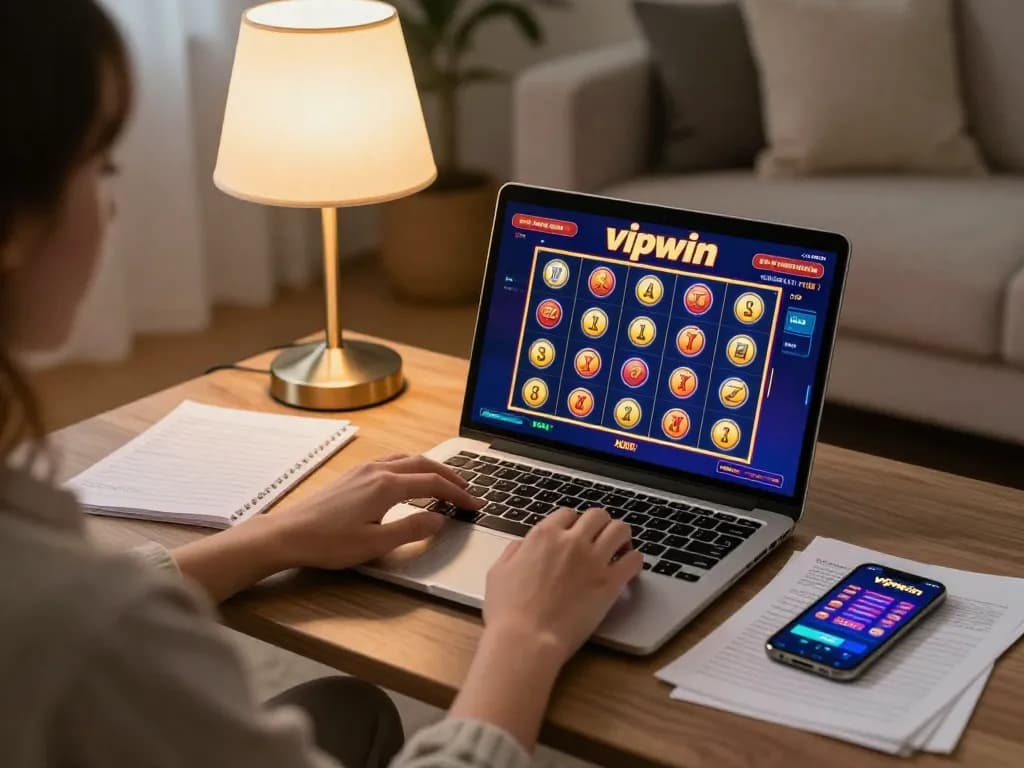 Person strategizing while playing vipwin casino games on a laptop in a cozy home setting