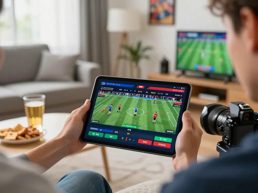 Engaging in sports betting on a tablet, showcasing bandar togel online with dynamic game interfaces.
