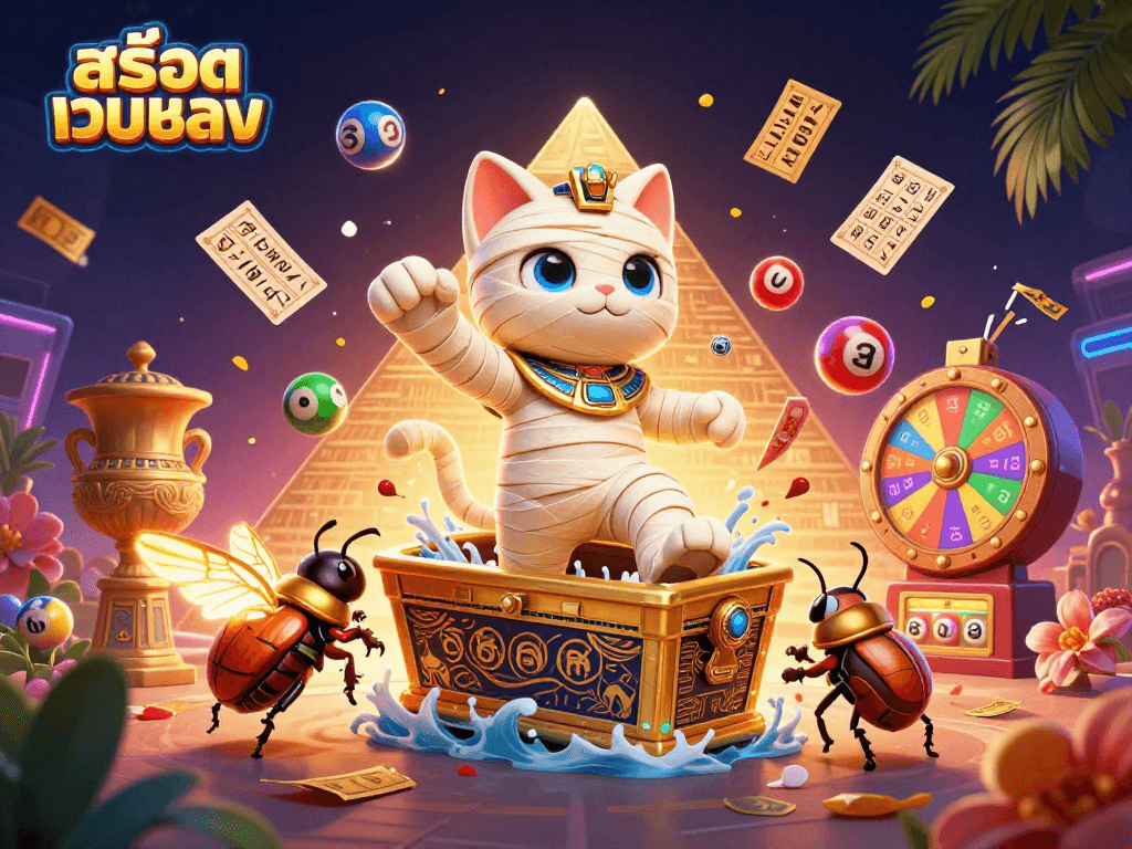 Experience สล็อตเว็บตรง thrills with an energetic Egyptian mummy cat and gaming elements in a vibrant casino