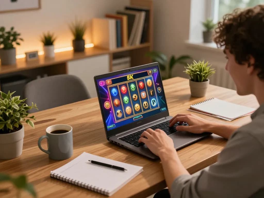 Excited player engaging with slot 5k on a laptop, showcasing immersive online gaming action.