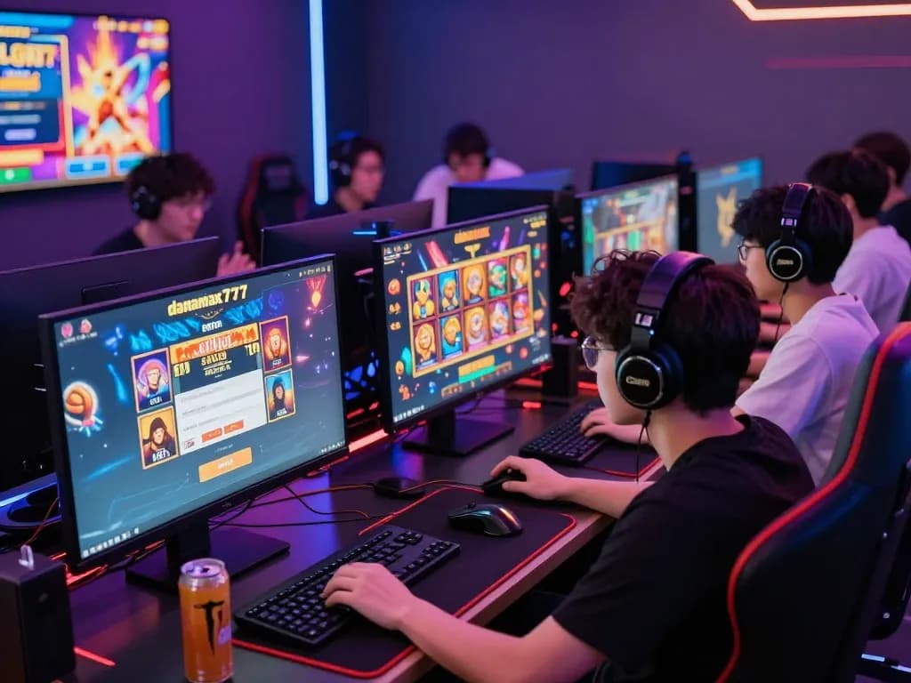 Scene login danamax777 yang menarik dengan pemain yang terlibat dalam permainan slot yang hidup.