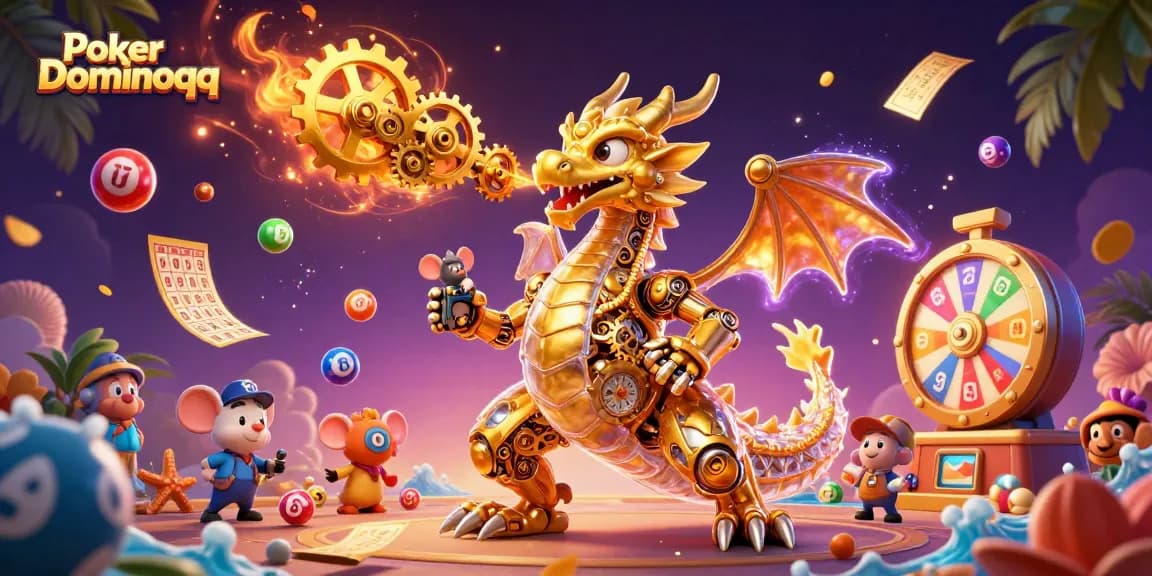 Engage in thrilling Poker Dominoqq gameplay with a vibrant scene of a dragon and lottery elements.
