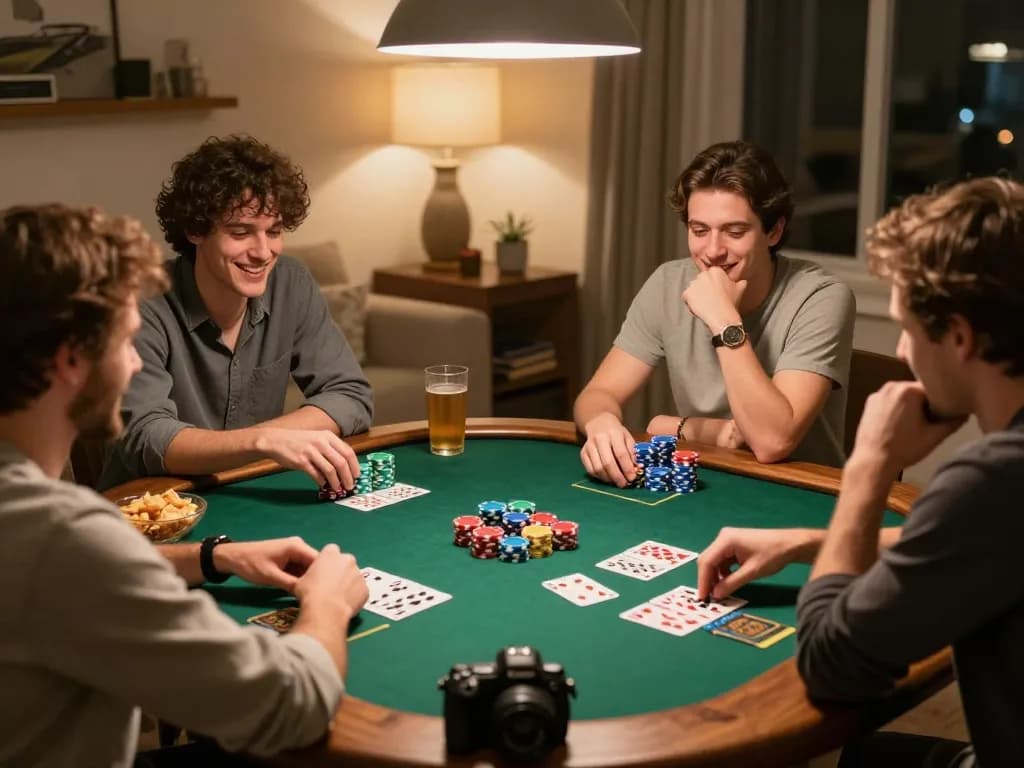 Enjoying a lively poker game at home, while you create a caricature from friends' laughter and strategy.