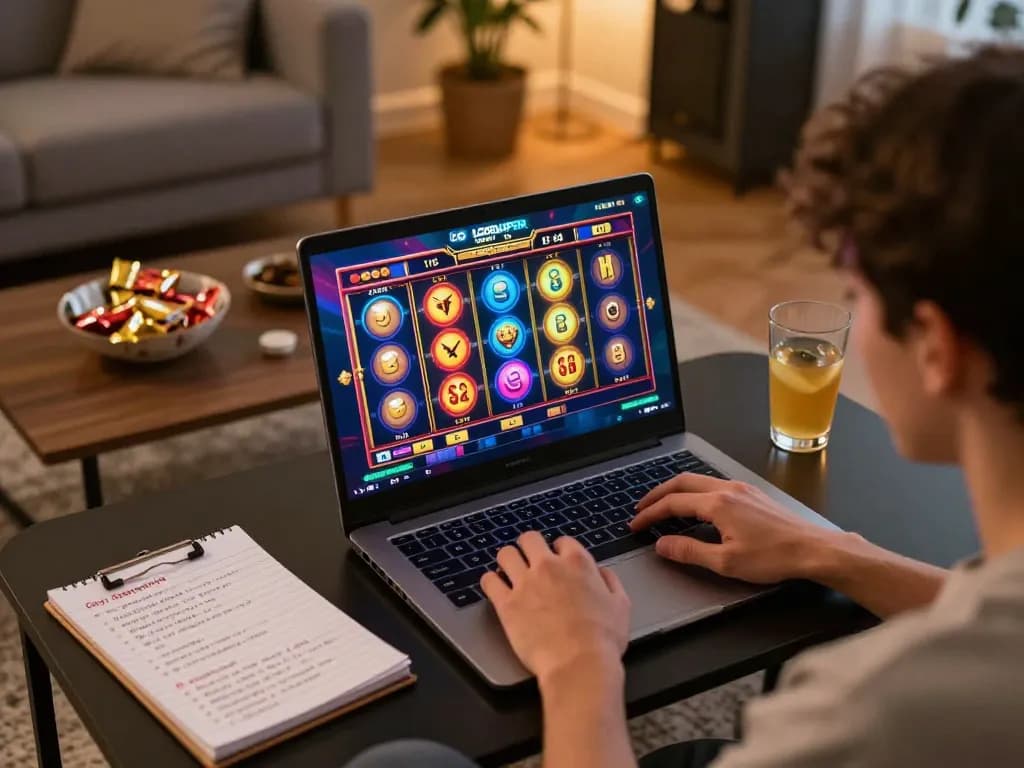 Experience the thrill of gaming at LGOSUPER with a player joyfully engaging with online slots in a cozy home setting.