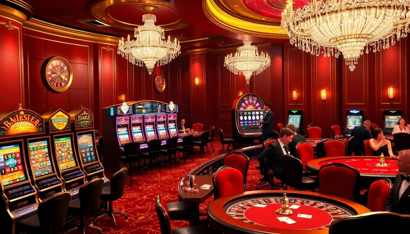 A thrilling gambling scene featuring slot machines and poker tables at https://onew88.com/, exuding luxury and excitement.