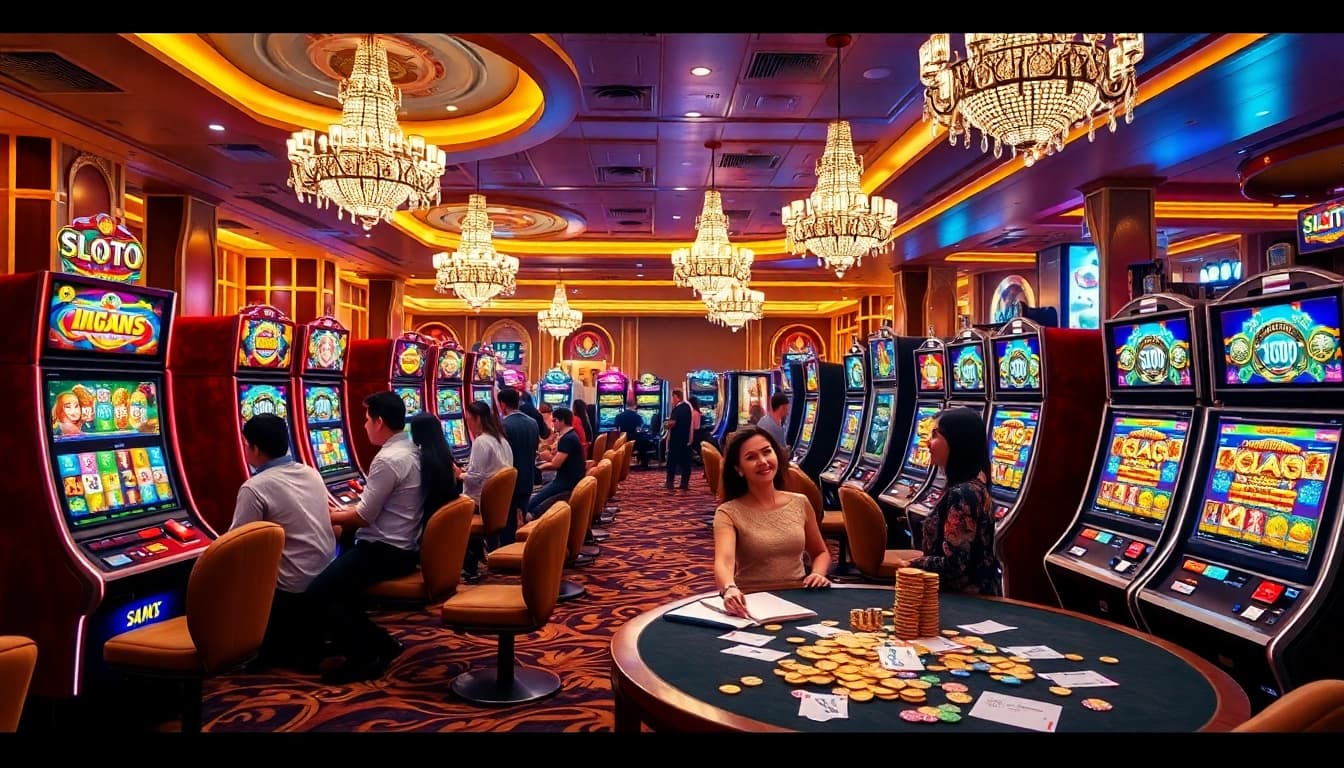 Pemain yang antusias berinteraksi dengan mesin permainan slot88 di dalam kasino mewah