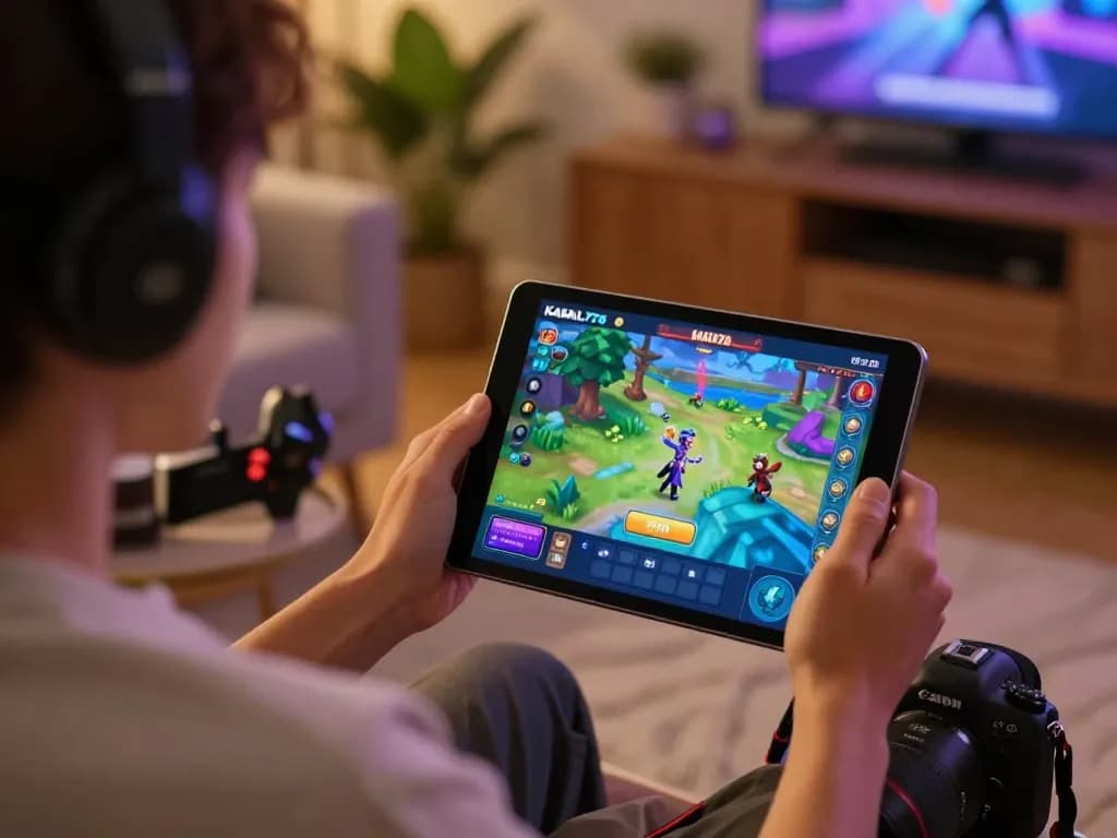 KADAL778 user enjoying interactive gaming experience on tablet in a cozy home setting