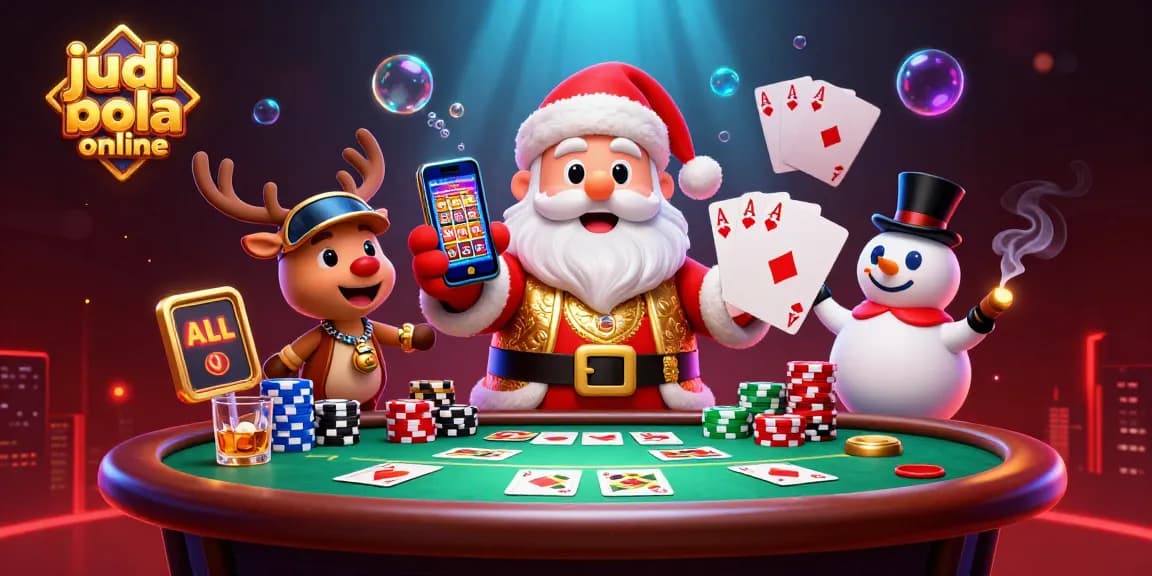 Engage in judi bola online with a festive illustration of Santa, a reindeer, and a snowman in a glitzy casino scene.