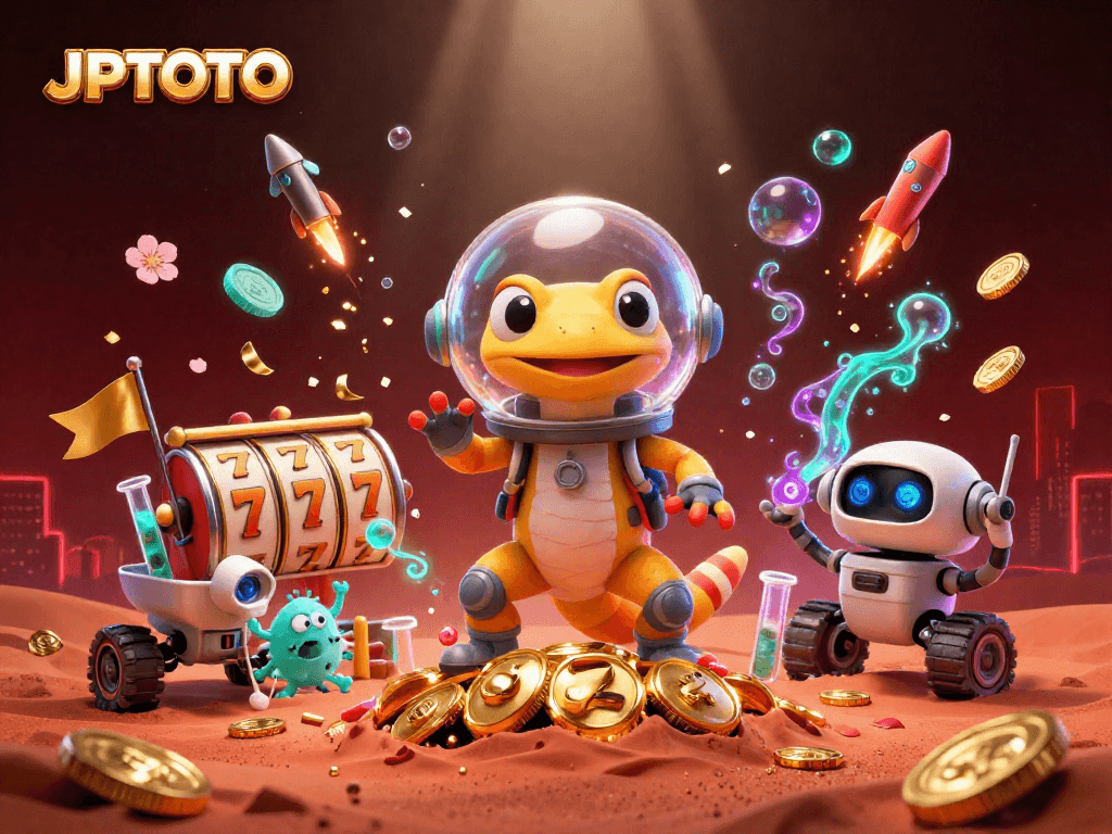 Experience the thrill of JPTOTO with a Martian gecko discovering a golden casino amidst vibrant gaming elements.