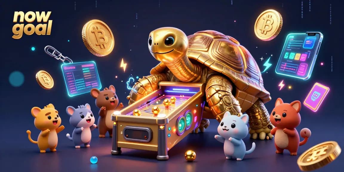 Engage with the now goal gaming experience featuring a colossal golden tortoise pinball machine and vibrant cryptocurrency elements.
