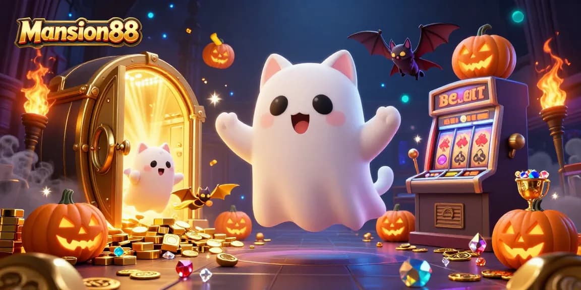 Experience thrilling gaming at Mansion88 with a floating ghost cat and treasures in a haunted casino.