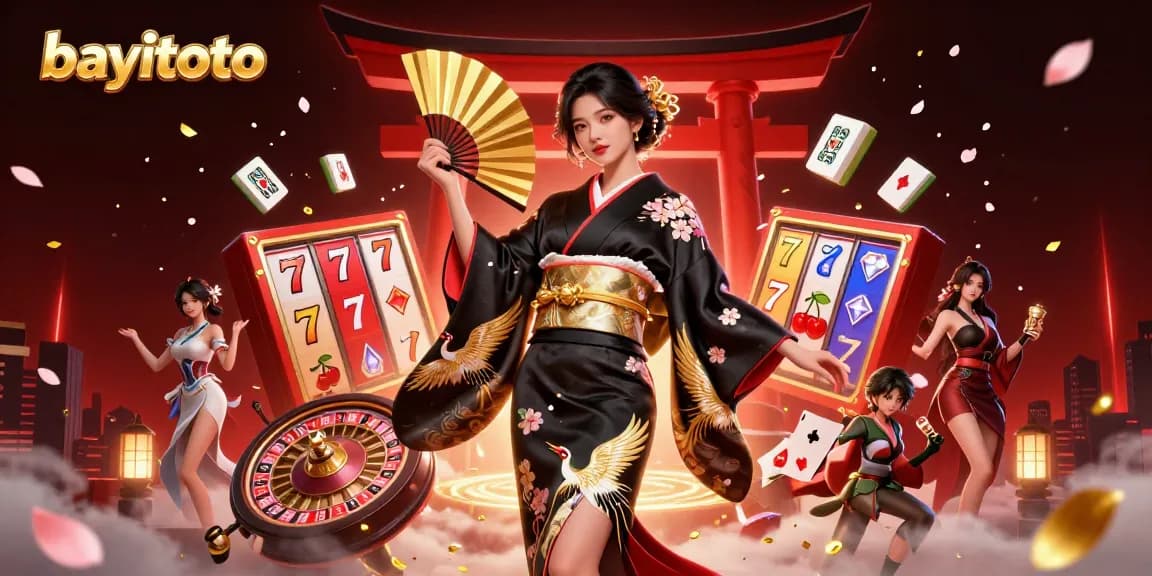 Engage with bayitoto's vibrant slots action and casino elements amid an artistic scene.