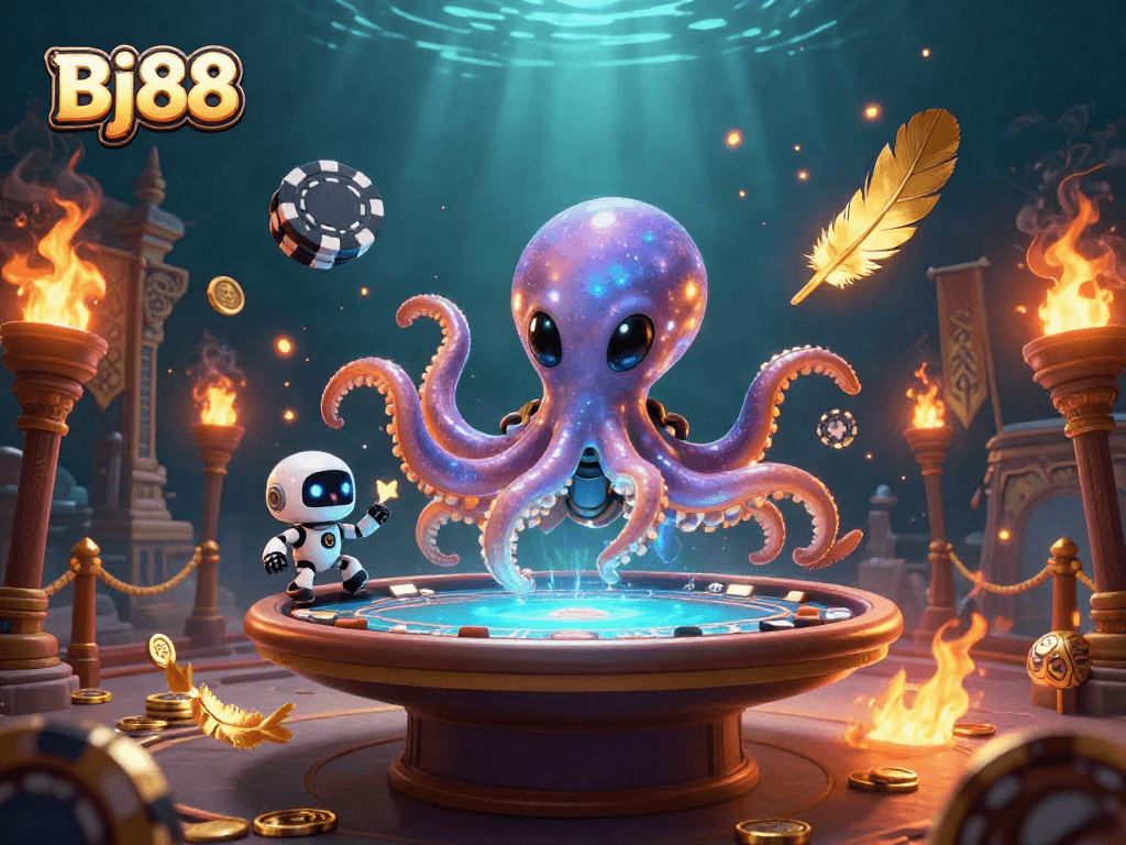 Experience high-stakes poker excitement with Bj88, featuring a unique alien octopus and robot.